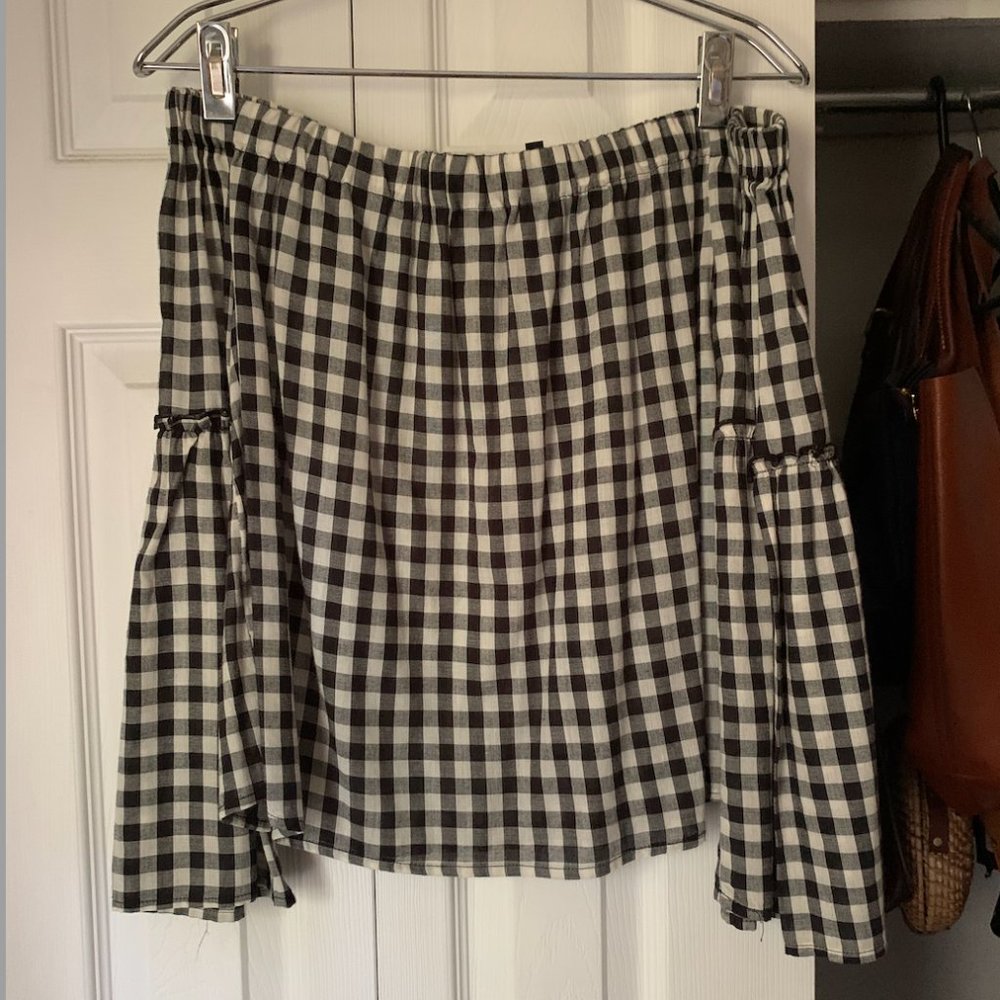 Off-Shoulder Black & White Gingham Blouse